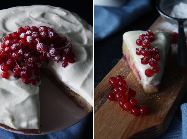 Gooey White Chocolate Red Currant Cake  with Lemon Mousse